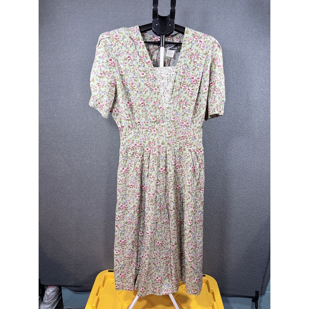 Sunshine Starshine Dress Womens 16 Green Floral V-Neck Lace Inset Midi 04-1435